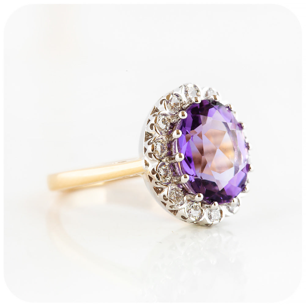 Oval cut Amethyst and Diamond Halo Engagement Ring - Victoria's Jewellery