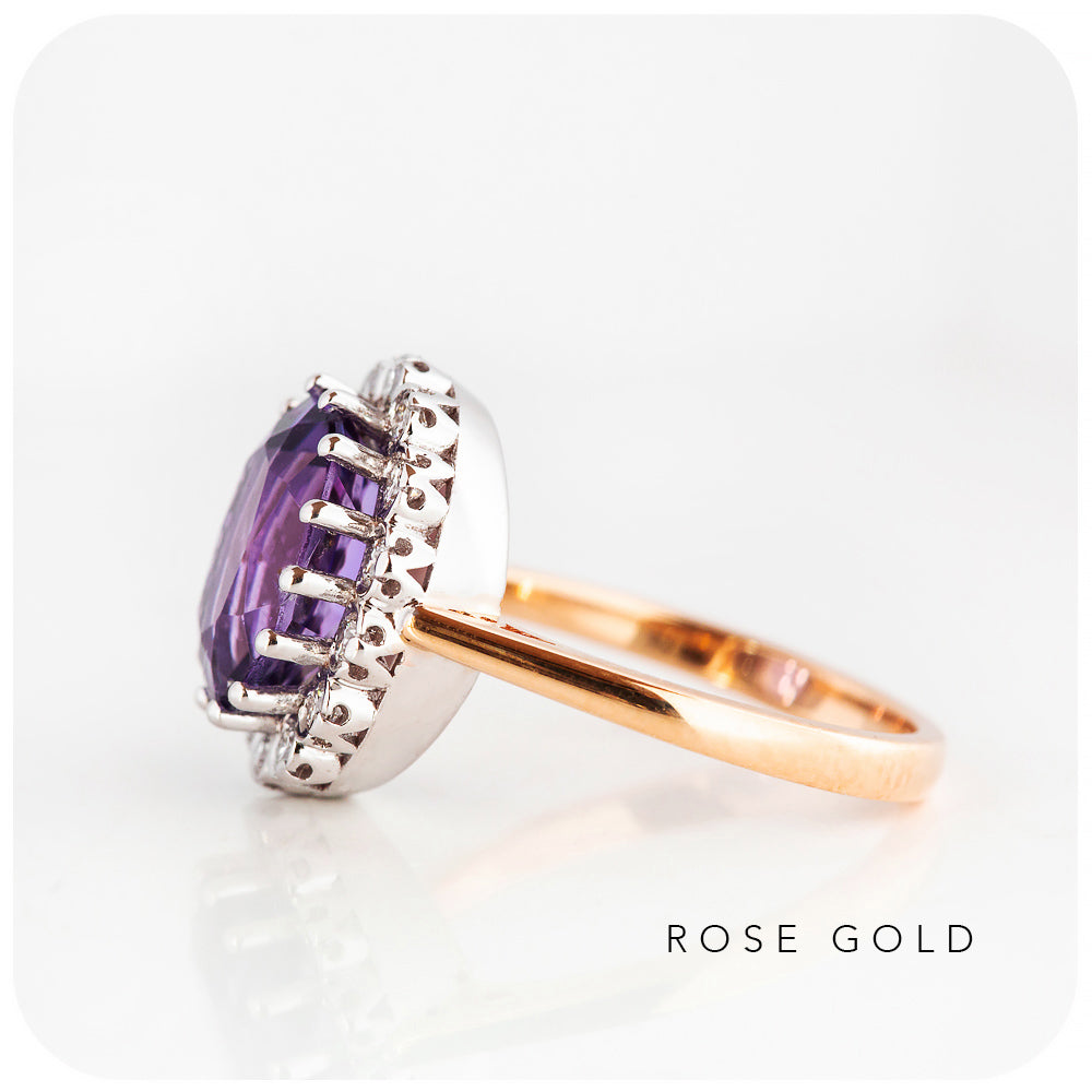 Oval cut Amethyst and Diamond Halo Engagement Ring - Victoria's Jewellery