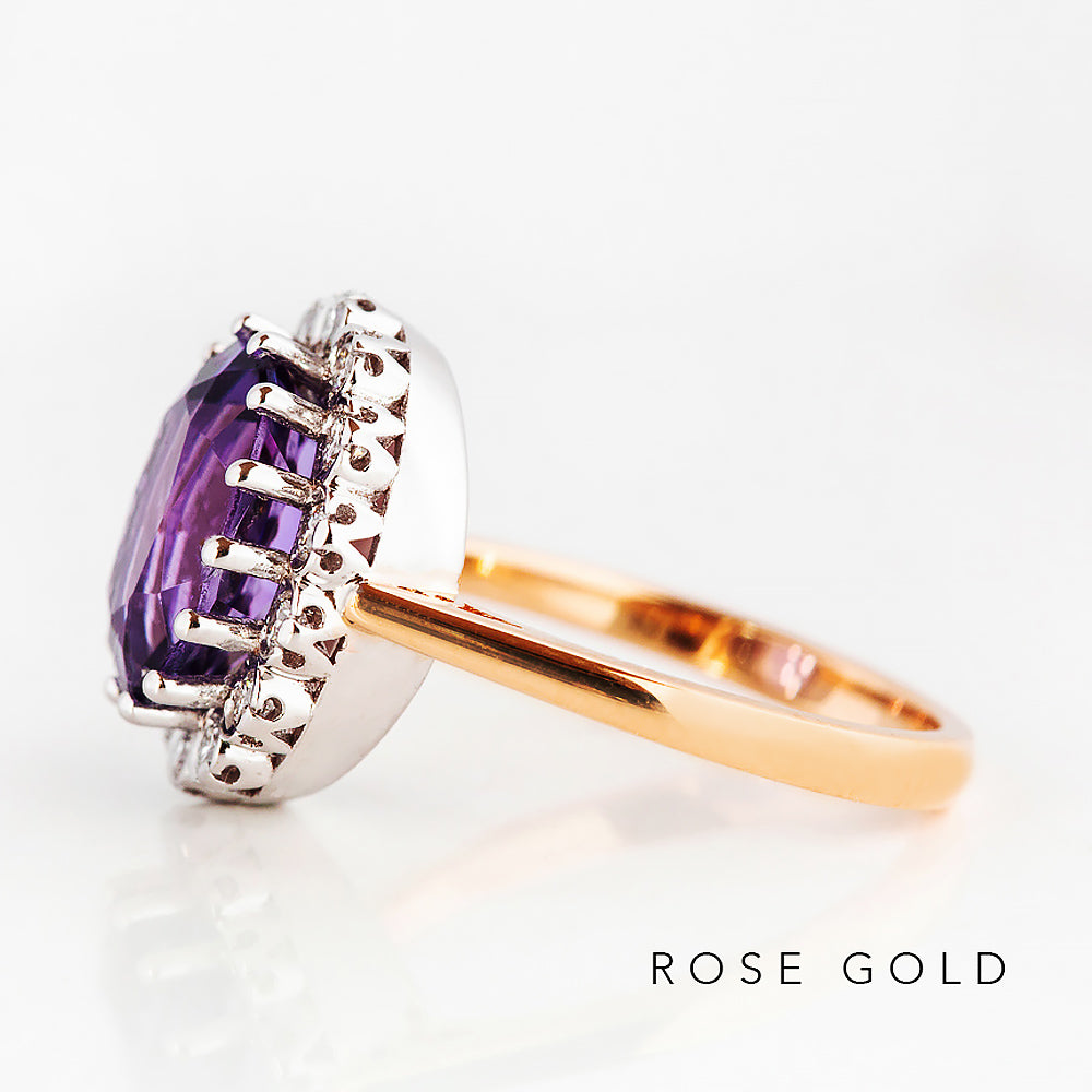 Athena, Amethyst and Diamond Halo Ring - Victoria's Jewellery