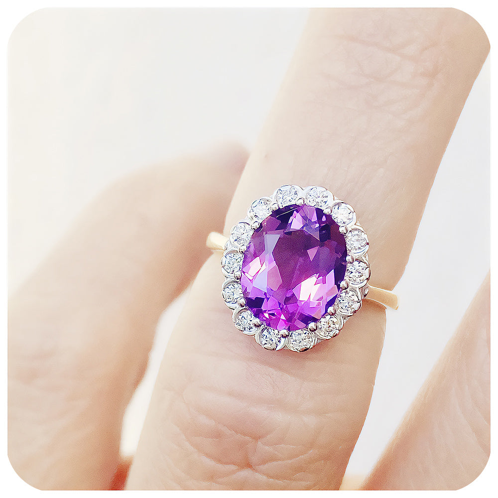 Oval cut Amethyst and Diamond Halo Engagement Ring - Victoria's Jewellery