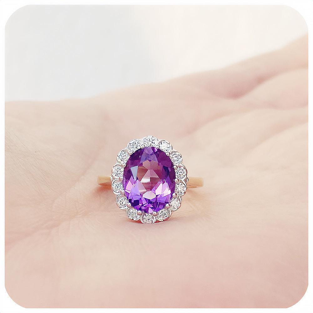 Oval cut Amethyst and Diamond Halo Engagement Ring - Victoria's Jewellery