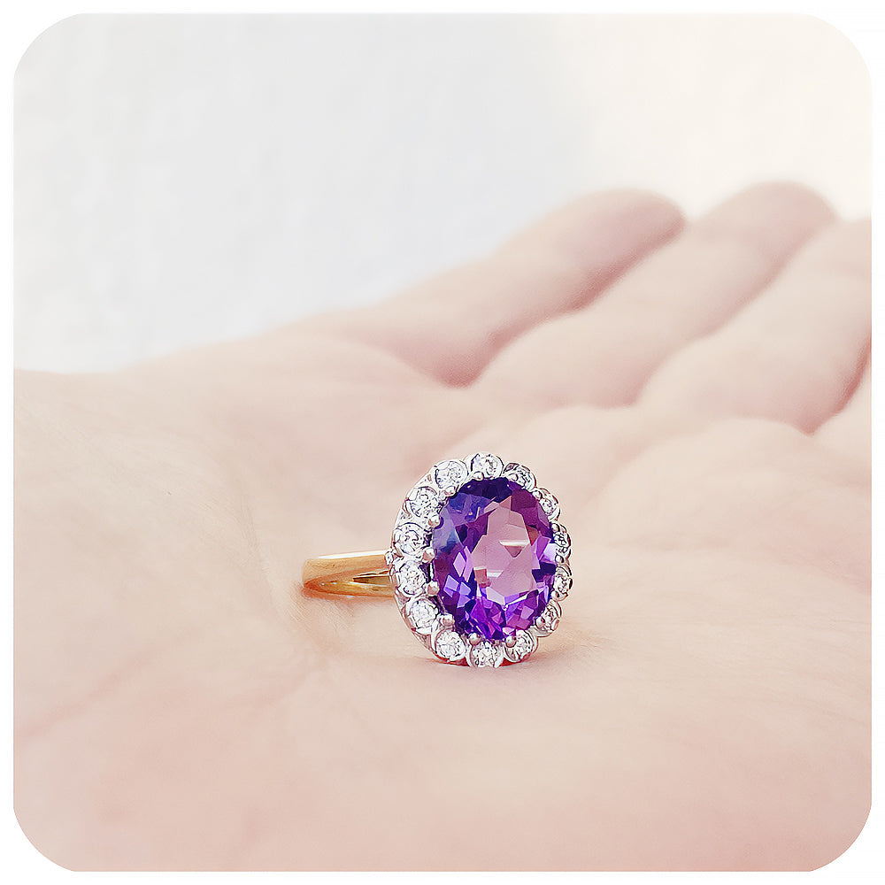 Oval cut Amethyst and Diamond Halo Engagement Ring - Victoria's Jewellery