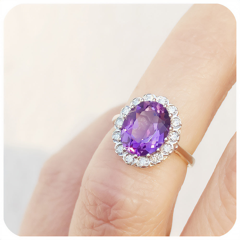 Oval cut Amethyst and Diamond Halo Engagement Ring - Victoria's Jewellery