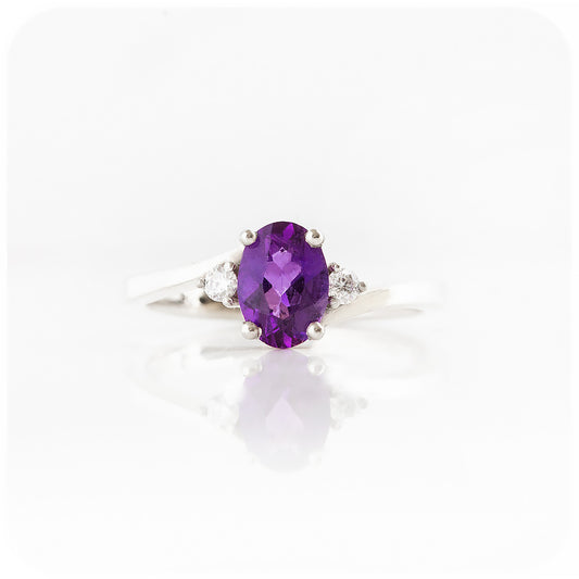 Oval cut Purple Amethyst February Birthstone and Moissanite Trilogy Engagement Ring - Victoria's Jewellery