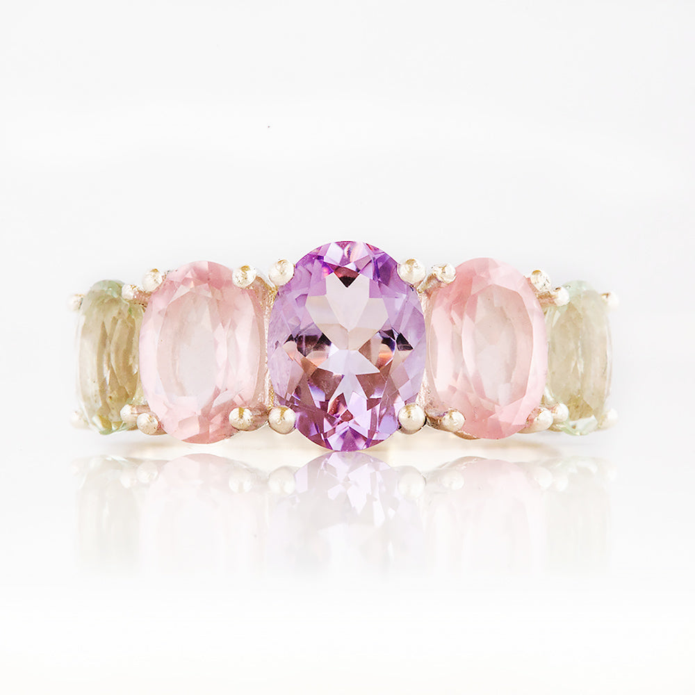 Pink Amethyst, Rose Quartz and Prasiolite Half Eternity Ring - Victoria's Jewellery