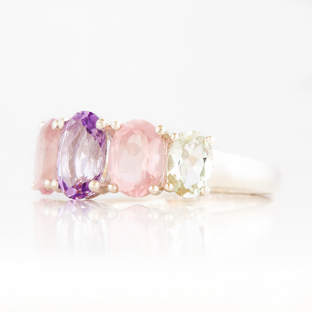 Pink Amethyst, Rose Quartz and Prasiolite Half Eternity Ring - Victoria's Jewellery