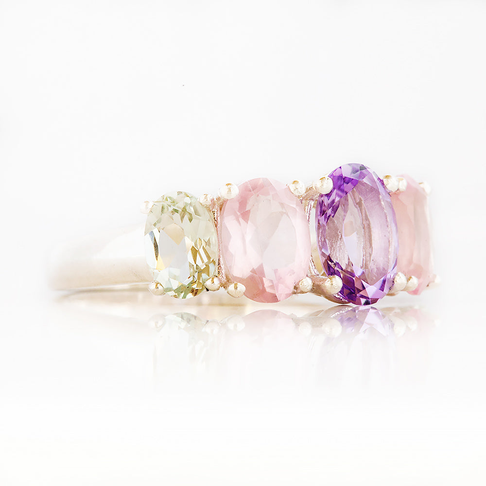 Pink Amethyst, Rose Quartz and Prasiolite Half Eternity Ring - Victoria's Jewellery