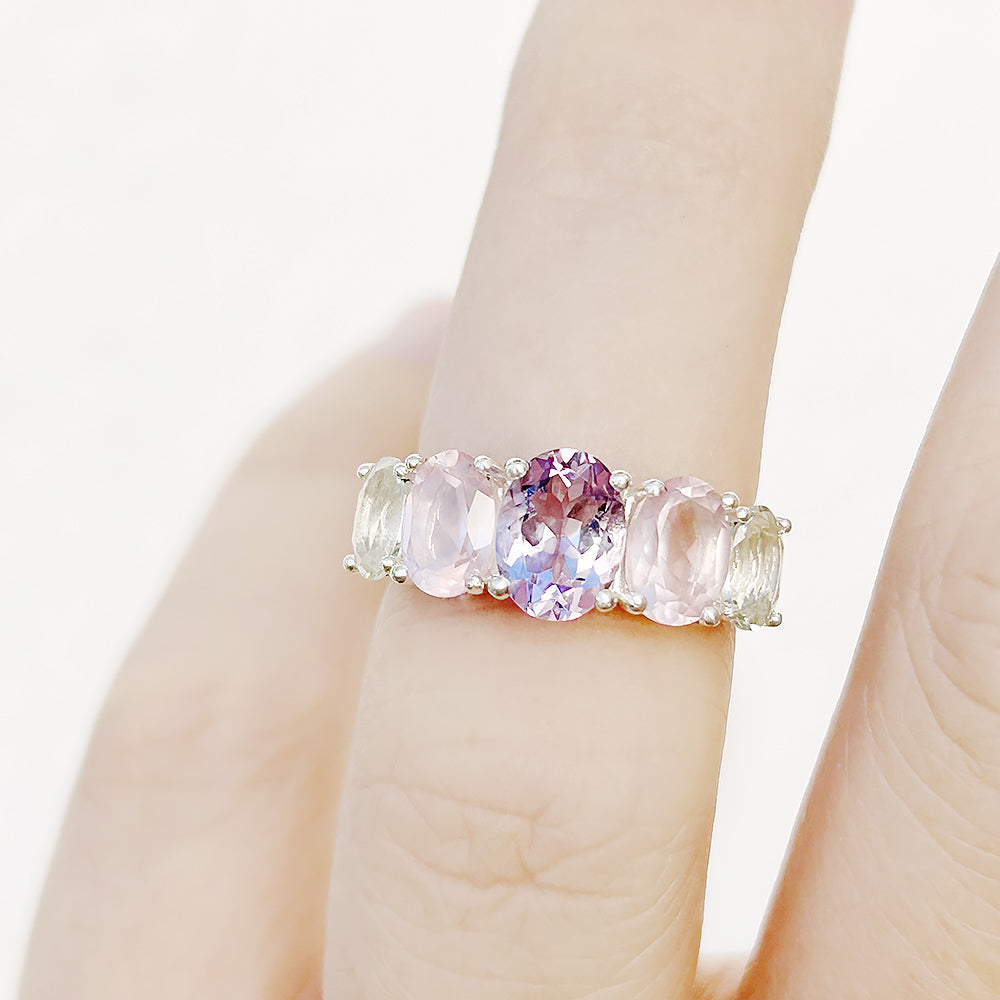 Pink Amethyst, Rose Quartz and Prasiolite Half Eternity Ring - Victoria's Jewellery