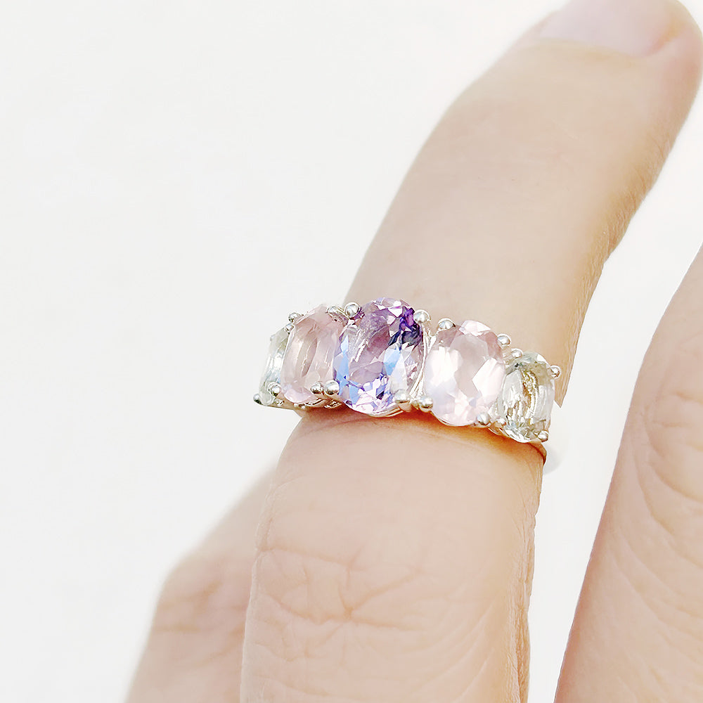 Pink Amethyst, Rose Quartz and Prasiolite Half Eternity Ring - Victoria's Jewellery