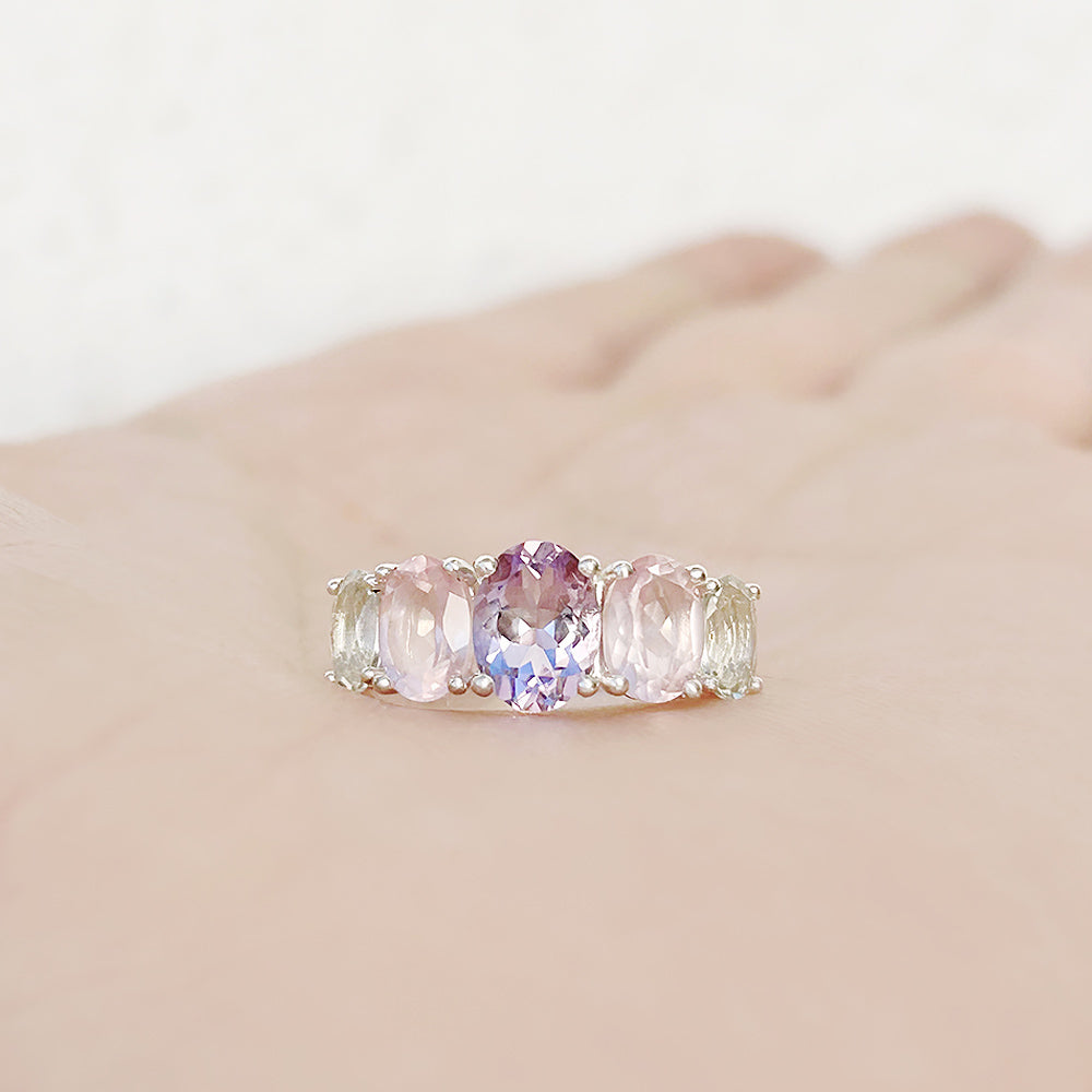 Pink Amethyst, Rose Quartz and Prasiolite Half Eternity Ring - Victoria's Jewellery