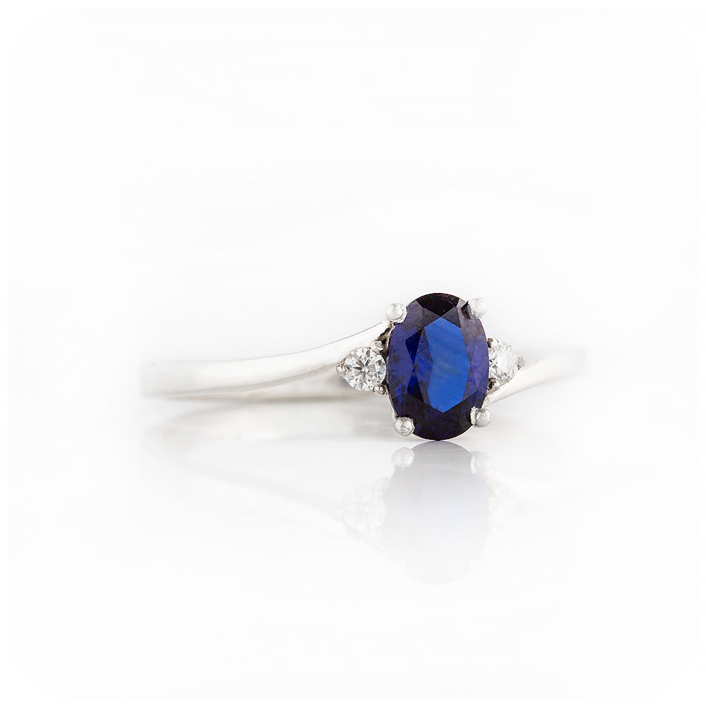 Oval cut Lab Grown Blue Sapphire and Moissanite Engagement Ring - Victoria's Jewellery