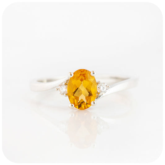 Oval cut Yellow Citrine November Birthstone and Moissanite Trilogy Engagement Ring - Victoria's Jewellery