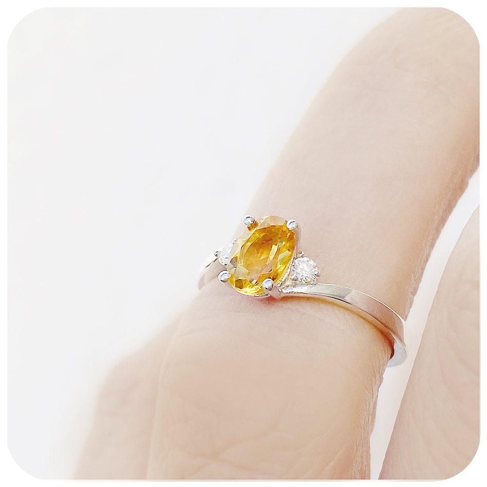 Oval cut Yellow Citrine November Birthstone and Moissanite Trilogy Engagement Ring - Victoria's Jewellery