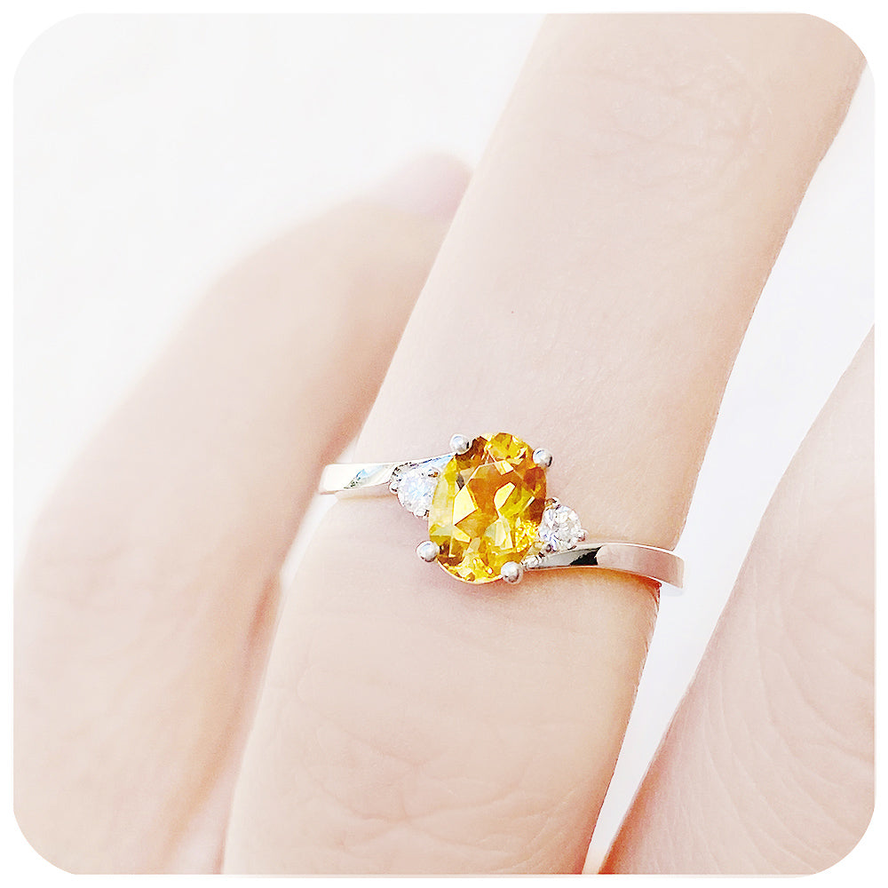 Oval cut Citrine and Lab Diamond Trilogy Engagement Ring in White Gold - Victoria's Jewellery