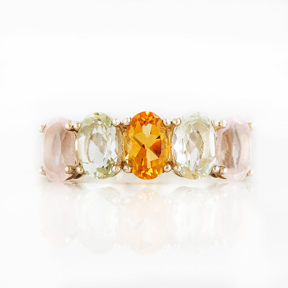 Oval cut Citrine, Prasiolite and Rose Quartz Half Eternity Anniversary Ring - Victoria's Jewellery