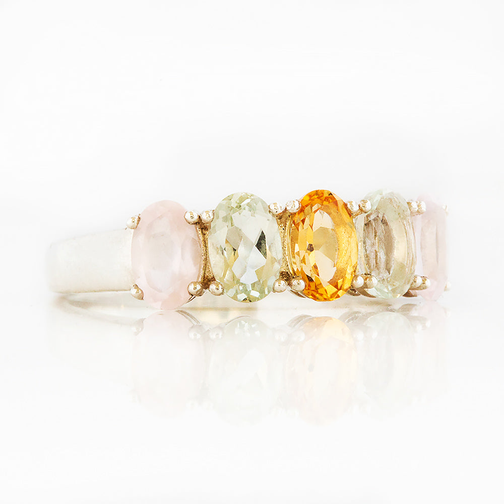 Oval cut Citrine, Prasiolite and Rose Quartz Half Eternity Anniversary Ring - Victoria's Jewellery