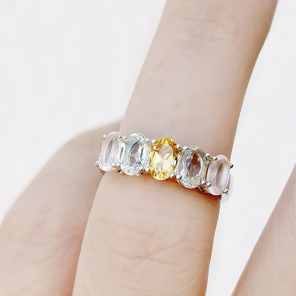 Oval cut Citrine, Prasiolite and Rose Quartz Half Eternity Anniversary Ring - Victoria's Jewellery