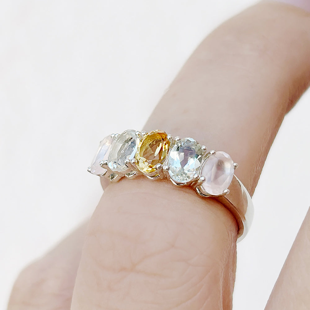 Oval cut Citrine, Prasiolite and Rose Quartz Half Eternity Anniversary Ring - Victoria's Jewellery