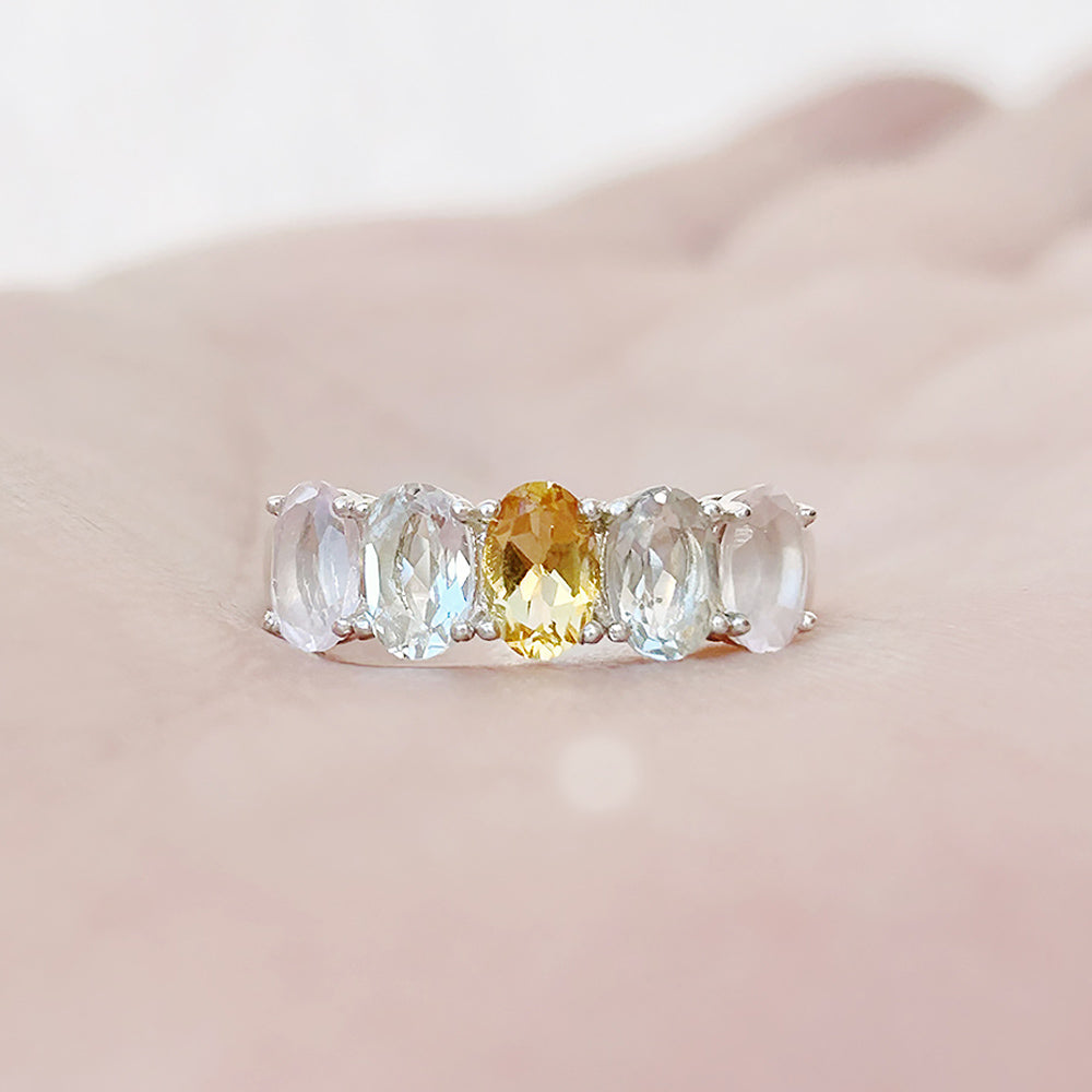 Oval cut Citrine, Prasiolite and Rose Quartz Half Eternity Anniversary Ring - Victoria's Jewellery