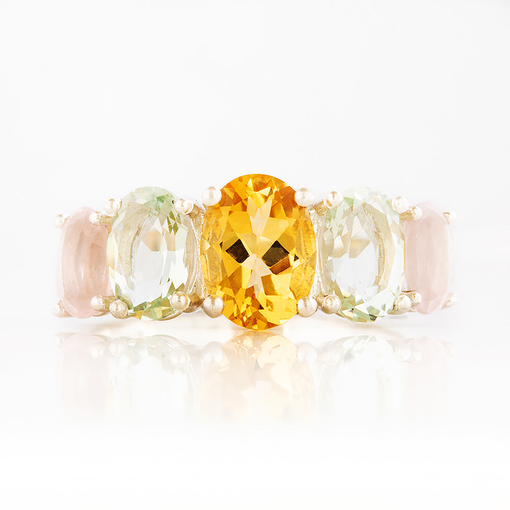 Oval cut Citrine, Prasiolite and Rose Quartz half eternity Anniversary Ring - Victoria's Jewellery