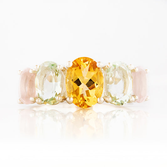Oval cut Citrine, Prasiolite and Rose Quartz half eternity Anniversary Ring - Victoria's Jewellery
