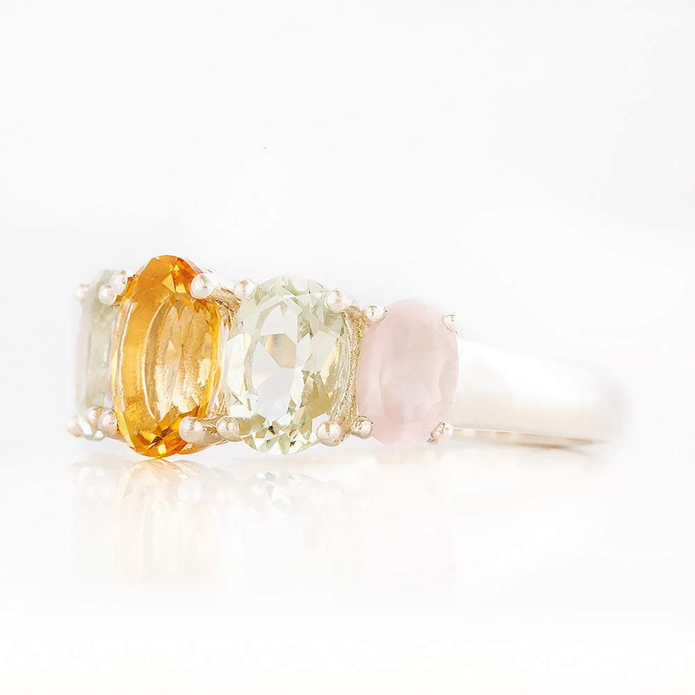 Oval cut Citrine, Prasiolite and Rose Quartz half eternity Anniversary Ring - Victoria's Jewellery