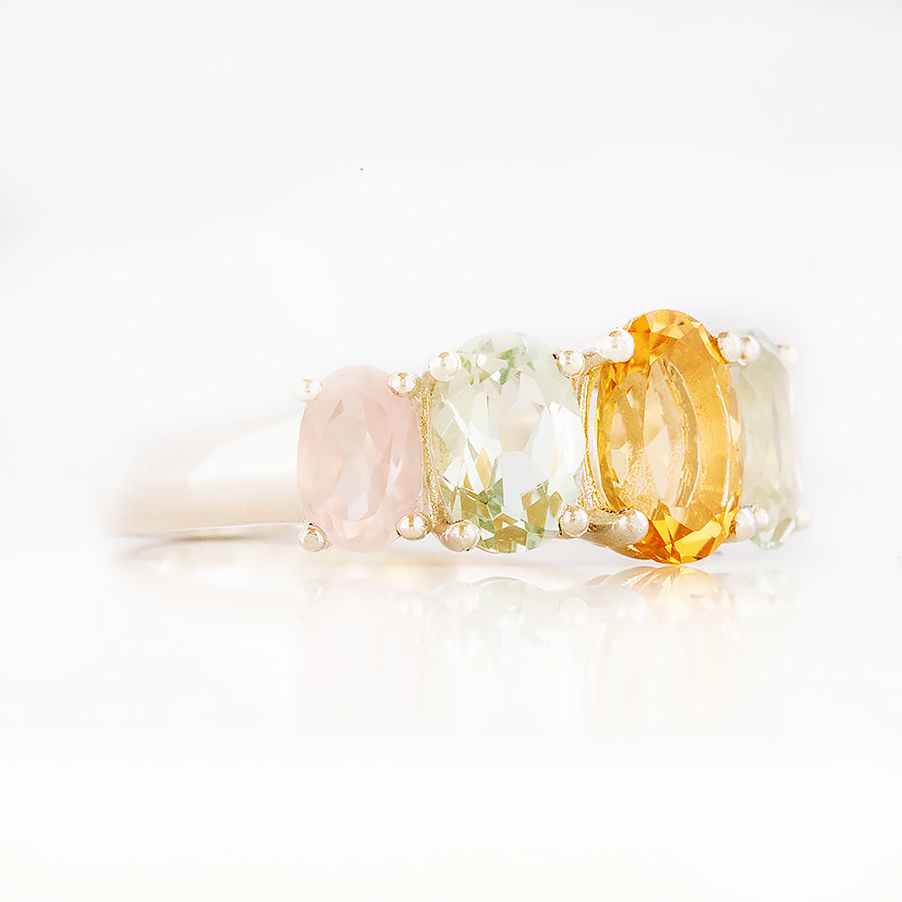 Oval cut Citrine, Prasiolite and Rose Quartz half eternity Anniversary Ring - Victoria's Jewellery