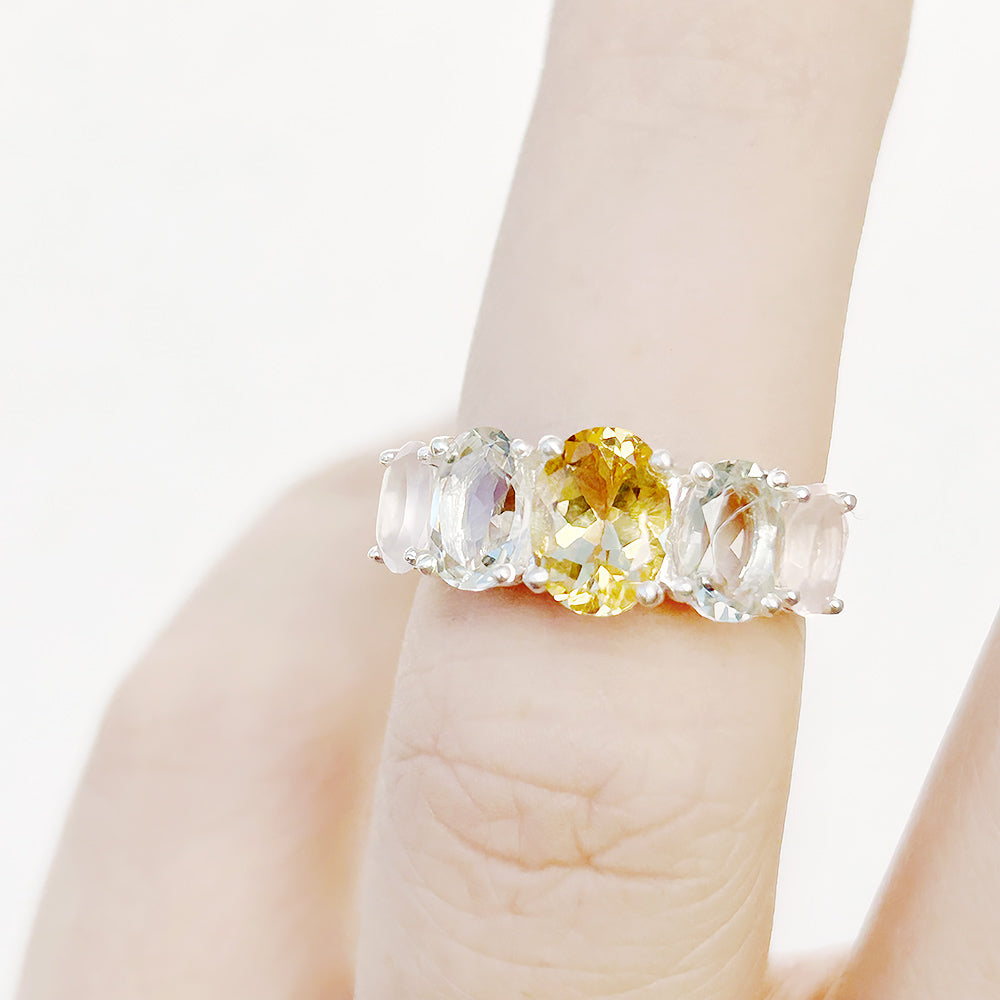Oval cut Citrine, Prasiolite and Rose Quartz half eternity Anniversary Ring - Victoria's Jewellery