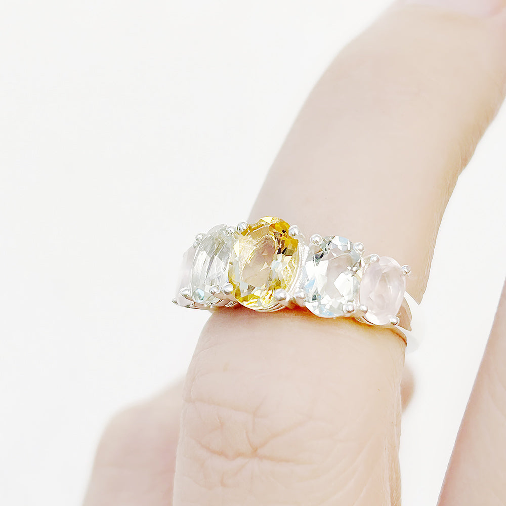 Oval cut Citrine, Prasiolite and Rose Quartz half eternity Anniversary Ring - Victoria's Jewellery