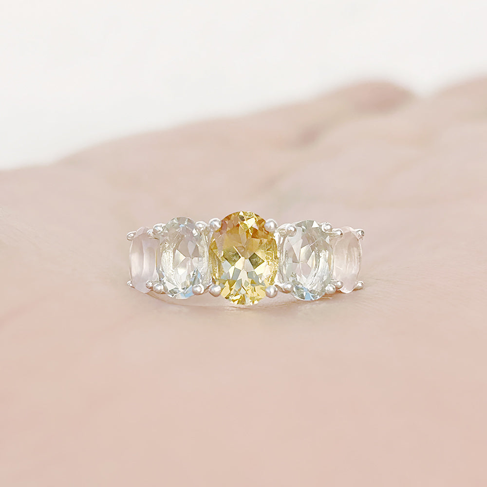 Oval cut Citrine, Prasiolite and Rose Quartz half eternity Anniversary Ring - Victoria's Jewellery