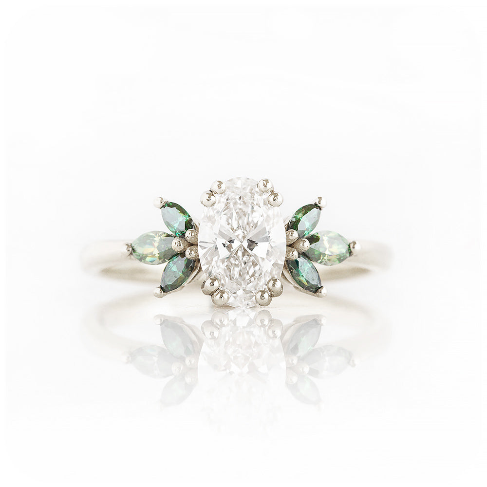 Oval cut Lab Diamond and Marquise cut Green Moissanite nature inspired Engagement Ring - Victoria's Jewellery