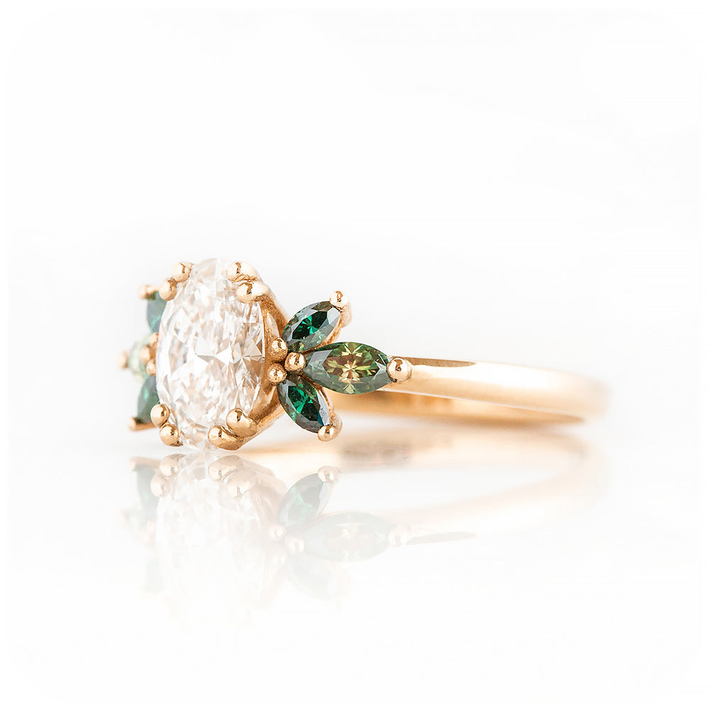 Oval cut Lab Diamond and Marquise cut Green Moissanite nature inspired Engagement Ring - Victoria's Jewellery