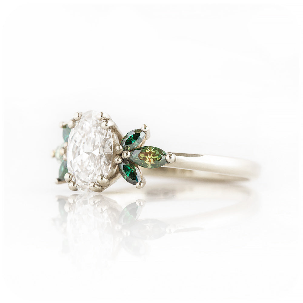 Oval cut Lab Diamond and Marquise cut Green Moissanite nature inspired Engagement Ring - Victoria's Jewellery