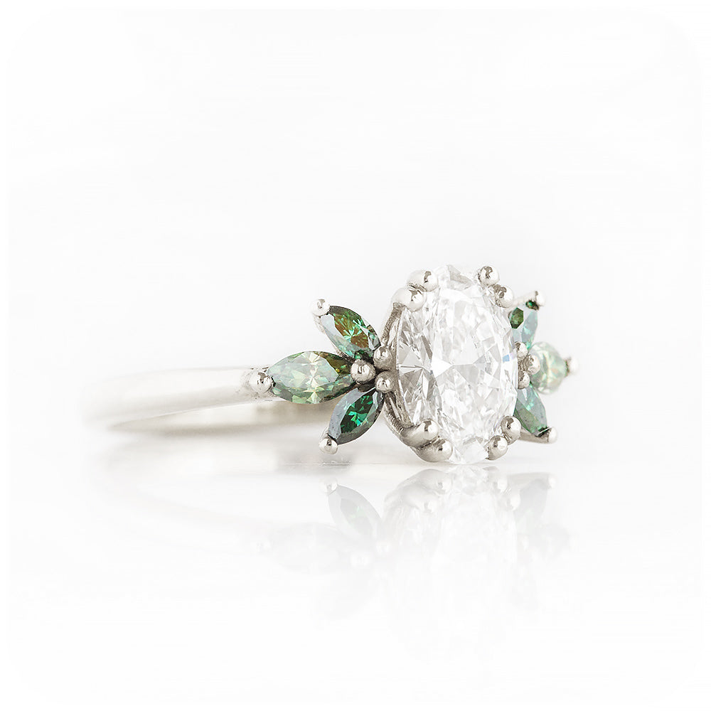 Oval cut Lab Diamond and Marquise cut Green Moissanite nature inspired Engagement Ring - Victoria's Jewellery