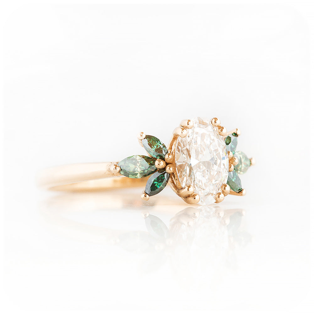 Oval cut Lab Diamond and Marquise cut Green Moissanite nature inspired Engagement Ring - Victoria's Jewellery