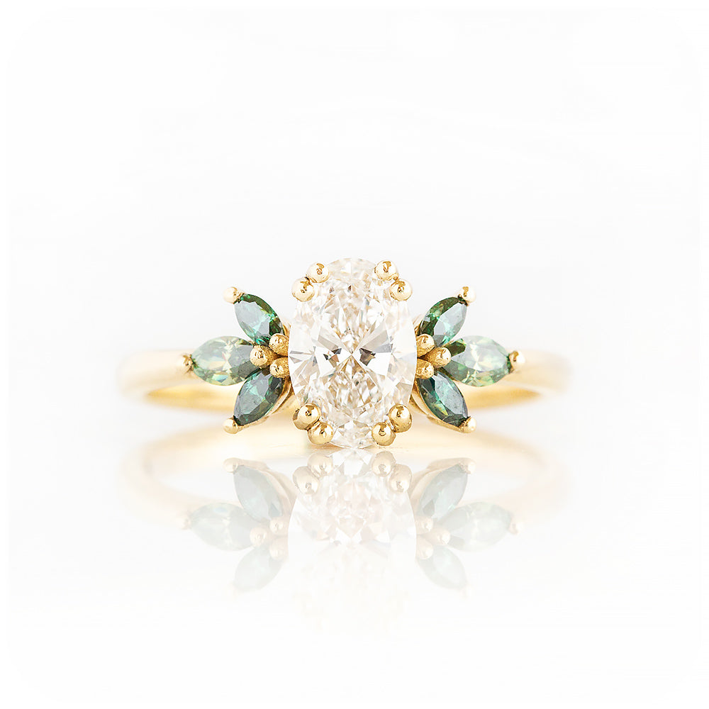 Oval cut Lab Diamond and Marquise cut Green Moissanite nature inspired Engagement Ring - Victoria's Jewellery
