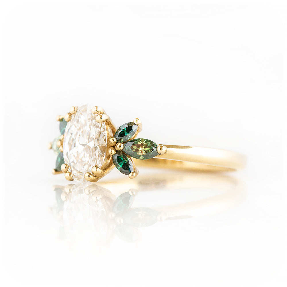 Oval cut Lab Diamond and Marquise cut Green Moissanite nature inspired Engagement Ring - Victoria's Jewellery
