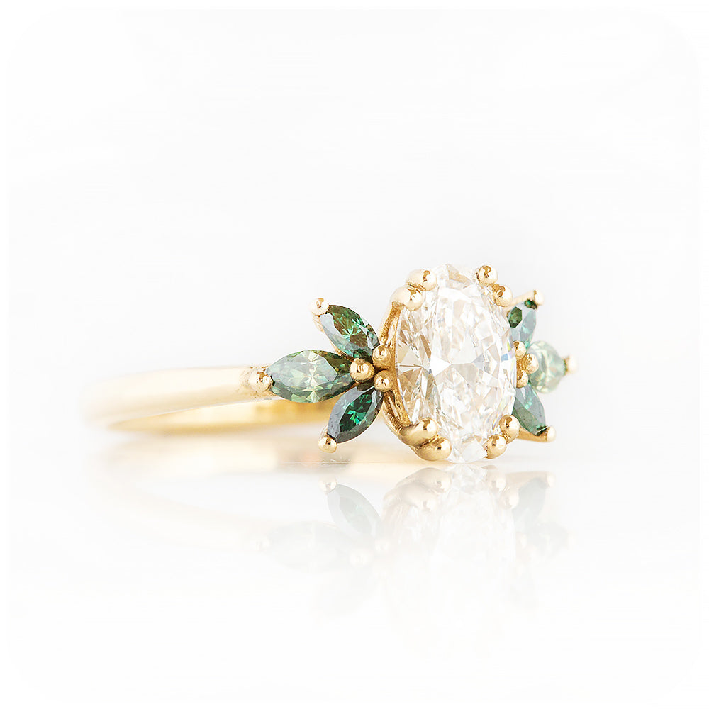 Oval cut Lab Diamond and Marquise cut Green Moissanite nature inspired Engagement Ring - Victoria's Jewellery