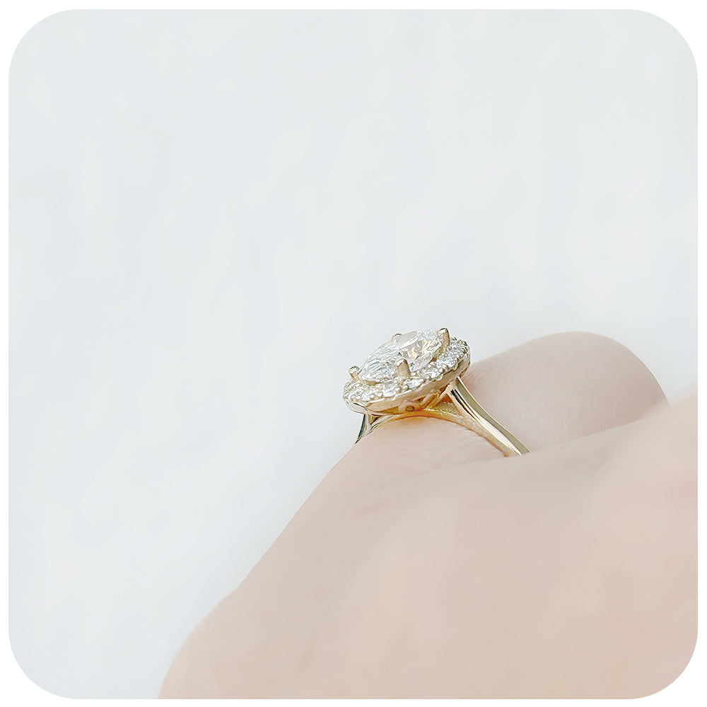 Oval cut Lab Diamond Halo Engagement Ring in Yellow Gold - Victoria's Jewellery