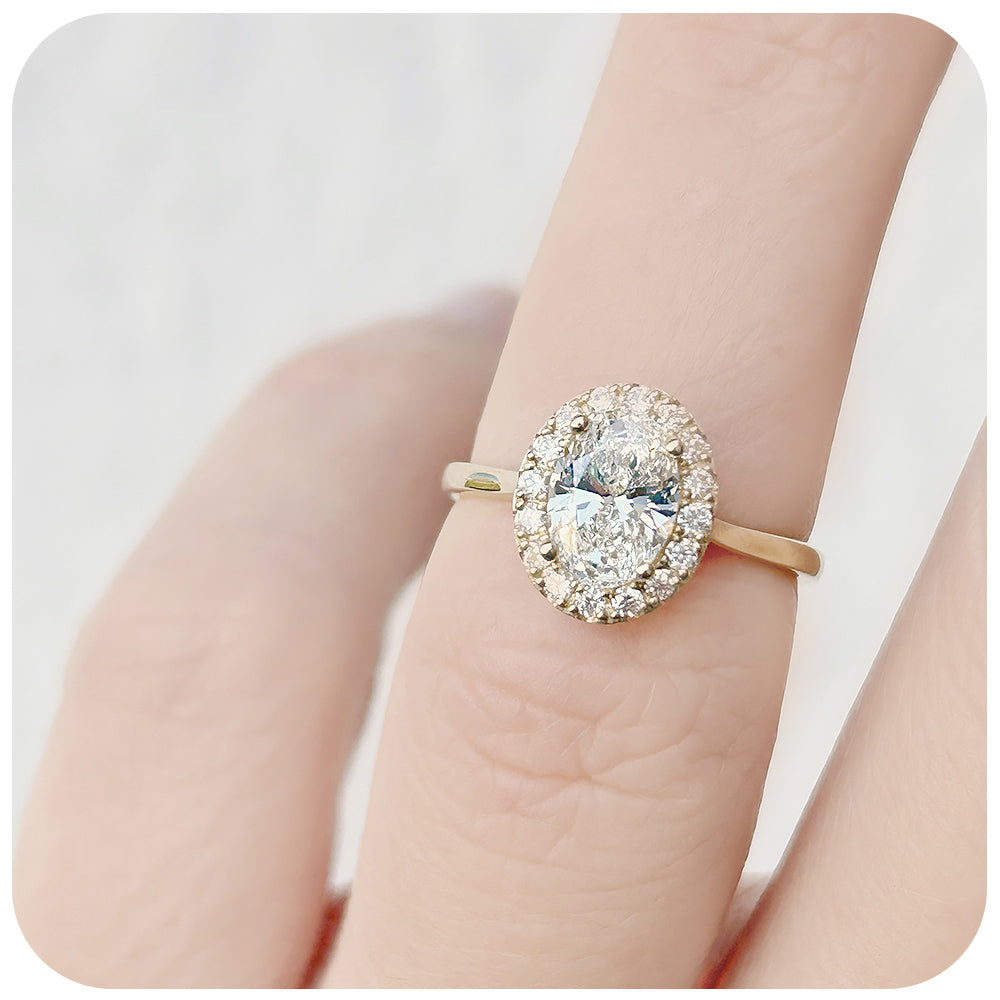 Oval cut Lab Diamond Halo Engagement Ring in Yellow Gold - Victoria's Jewellery