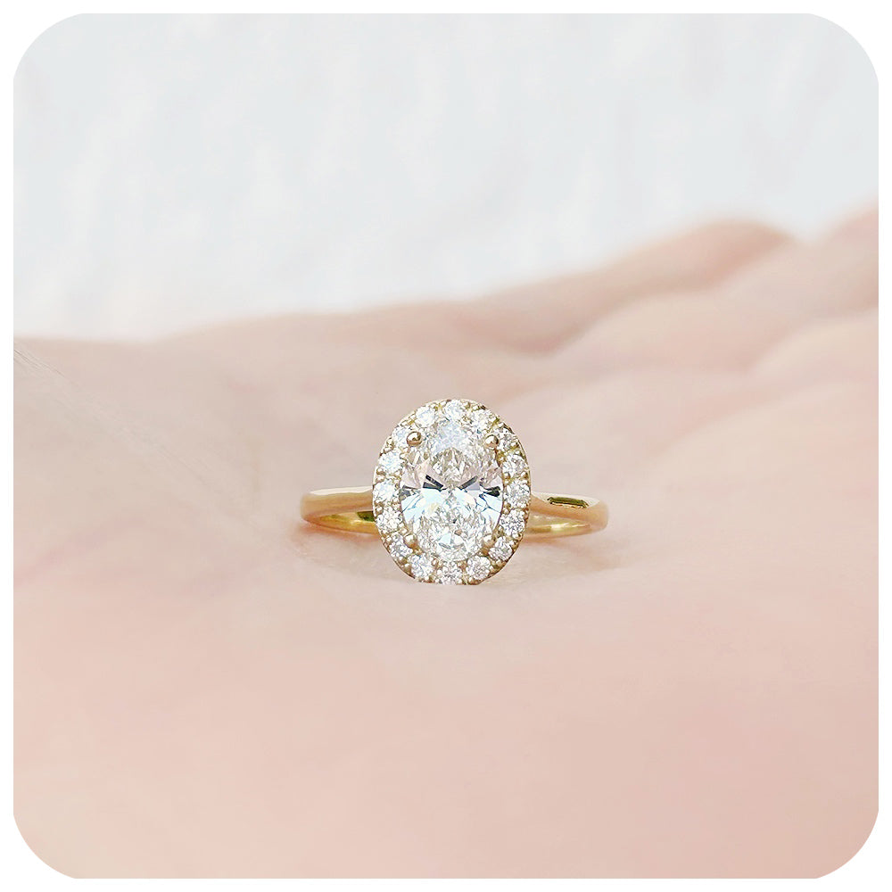 Oval cut Lab Diamond Halo Engagement Ring in Yellow Gold - Victoria's Jewellery