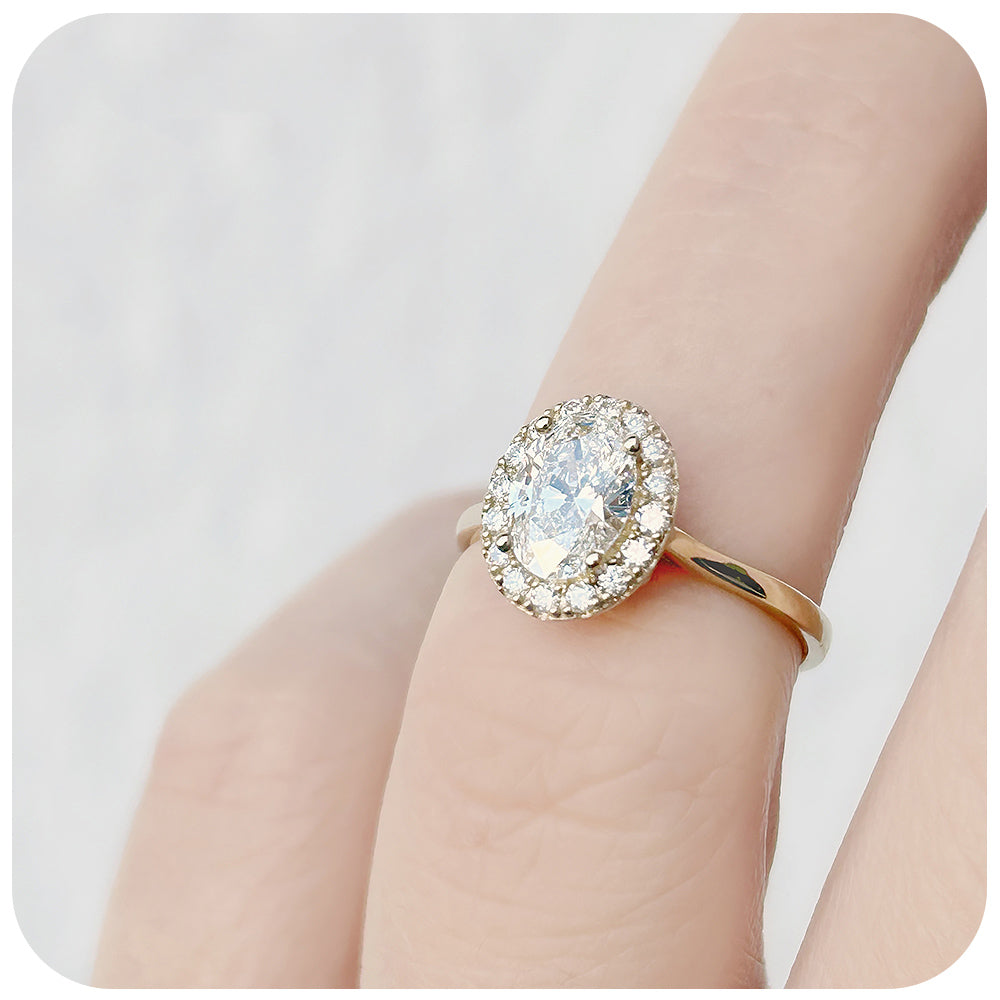 Oval cut Lab Diamond Halo Engagement Ring in Yellow Gold - Victoria's Jewellery