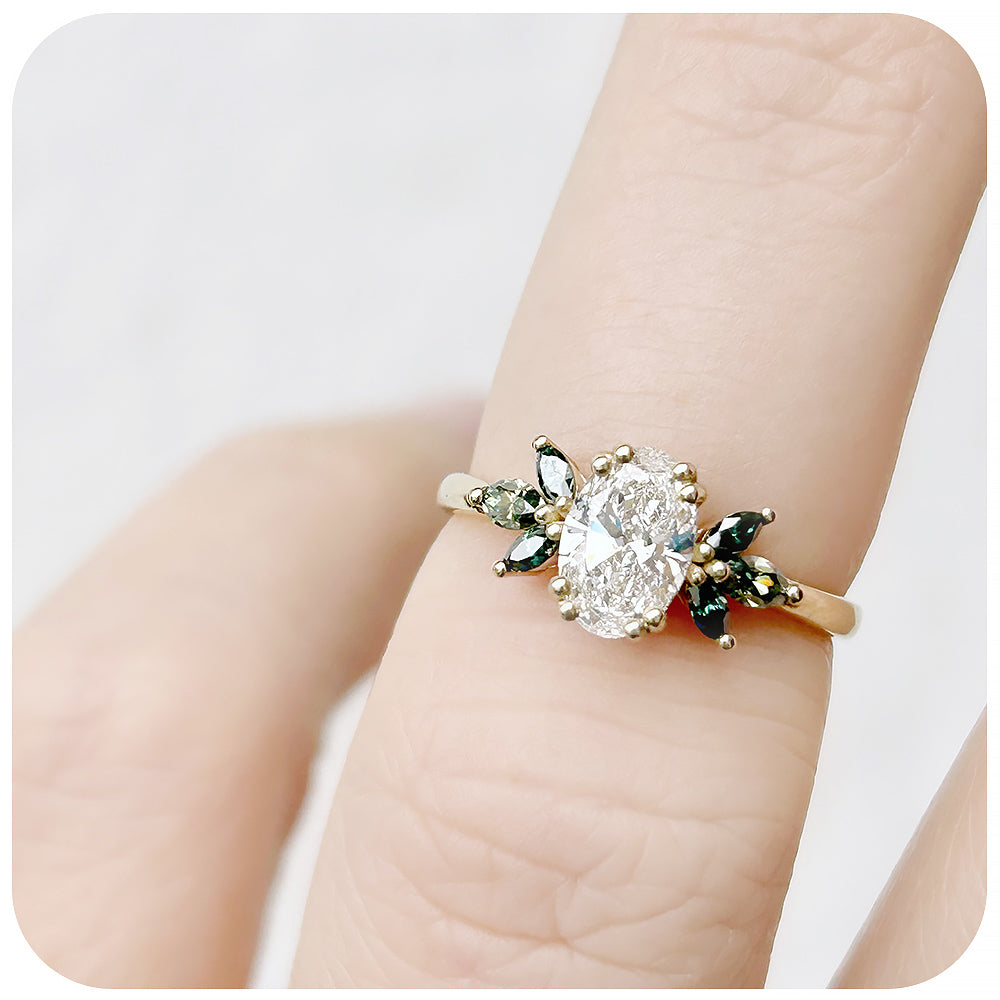 Oval cut Lab Diamond and Marquise cut Green Moissanite nature inspired Engagement Ring - Victoria's Jewellery