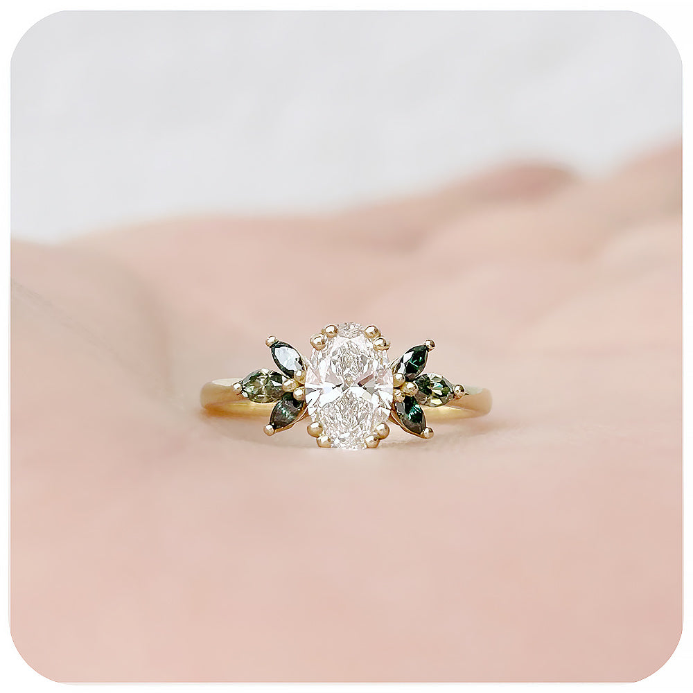 Oval cut Lab Diamond and Marquise cut Green Moissanite nature inspired Engagement Ring - Victoria's Jewellery