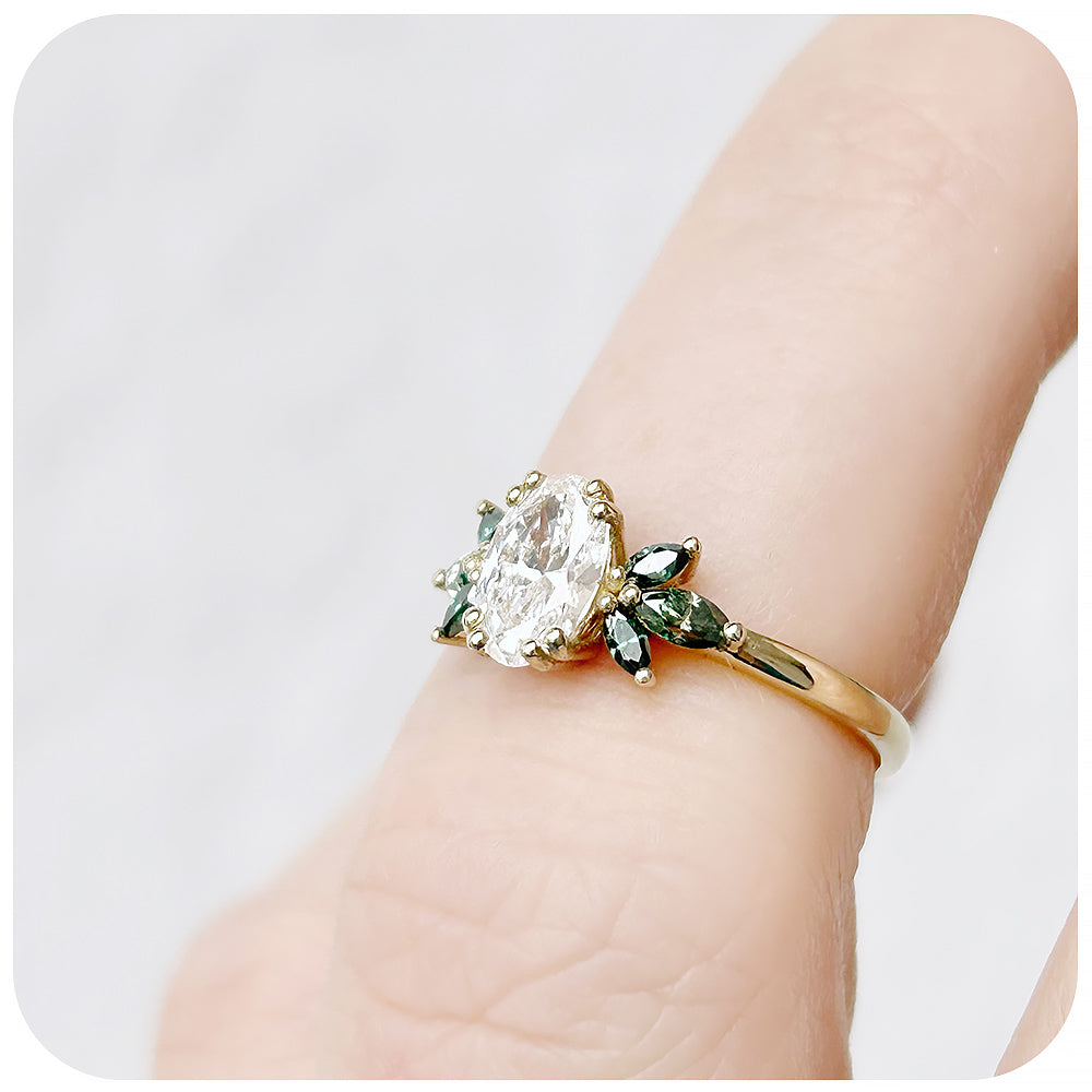 Oval cut Lab Diamond and Marquise cut Green Moissanite nature inspired Engagement Ring - Victoria's Jewellery