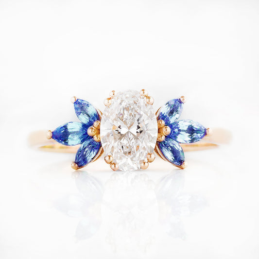 Oval cut Diamond and Blue Sapphire Engagement Ring in Yellow Gold - Victoria's Jewellery