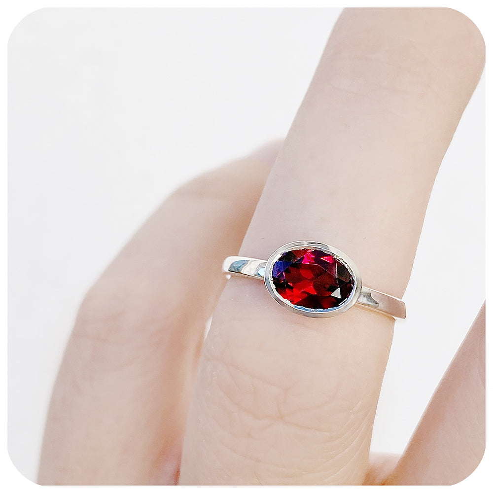 Oval cut Garnet tube bezel set solitaire ring - Victoria's Jewellery