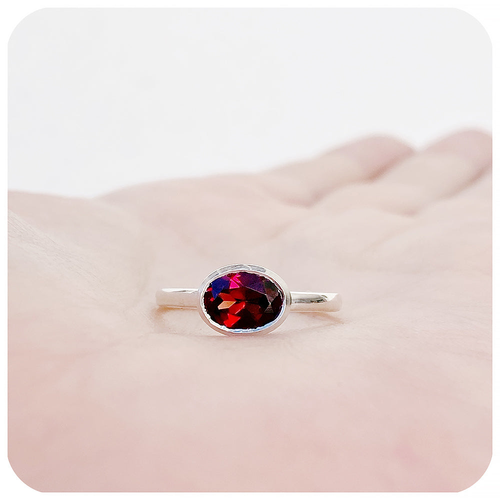 Oval cut Garnet tube bezel set solitaire ring - Victoria's Jewellery