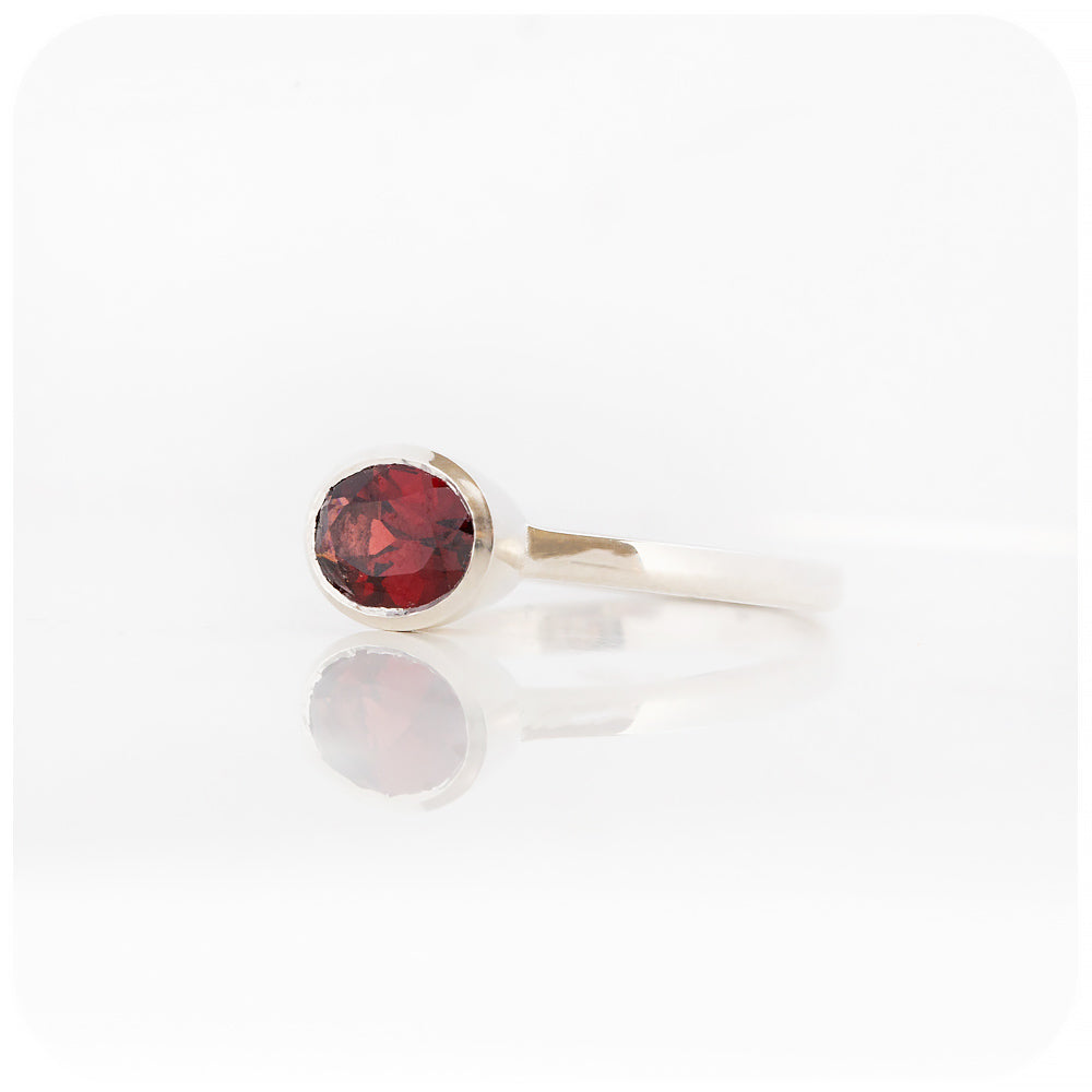 Oval cut Garnet tube bezel set solitaire ring - Victoria's Jewellery