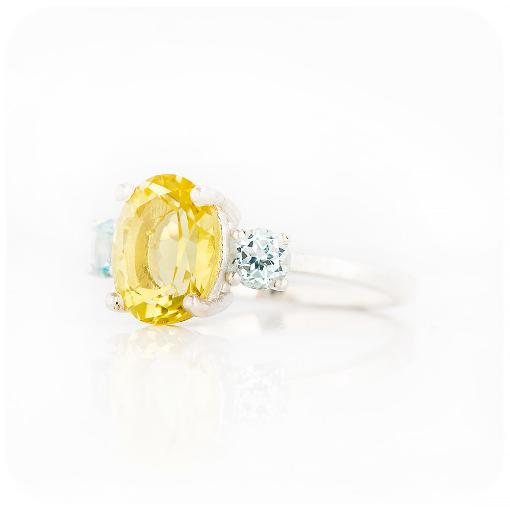 Oval cut Lemon Quartz and Blue Topaz Trilogy Ring - Victoria's Jewellery